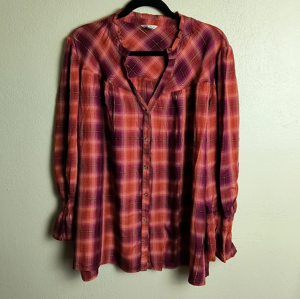 Cato 22/24W Plaid Long Sleeve Shirt Cottagecore Rodeo Cowgirl